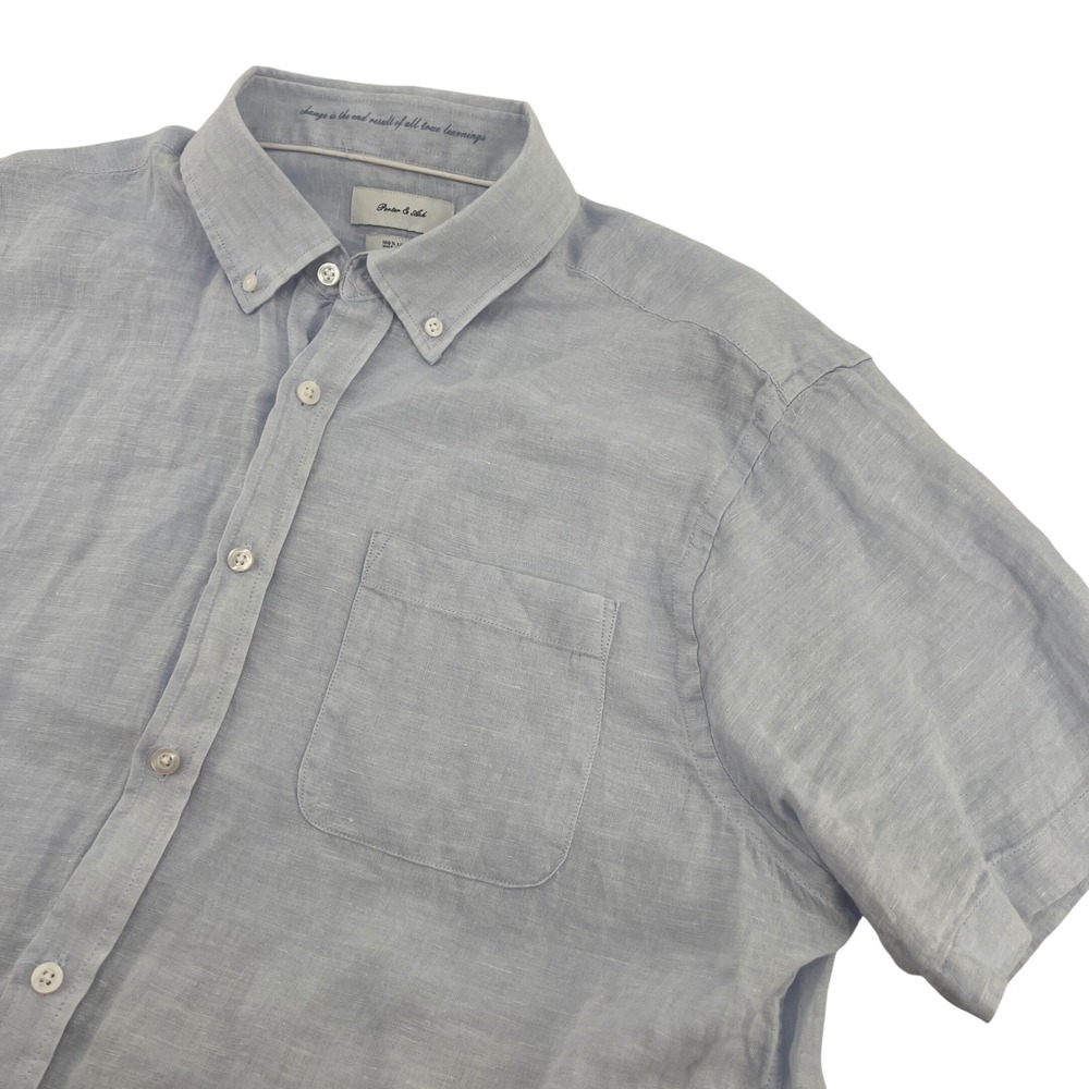 Porter & Ash Mens 100% Linen Short Sleeve Button Down Shirt Light Blue Size XL